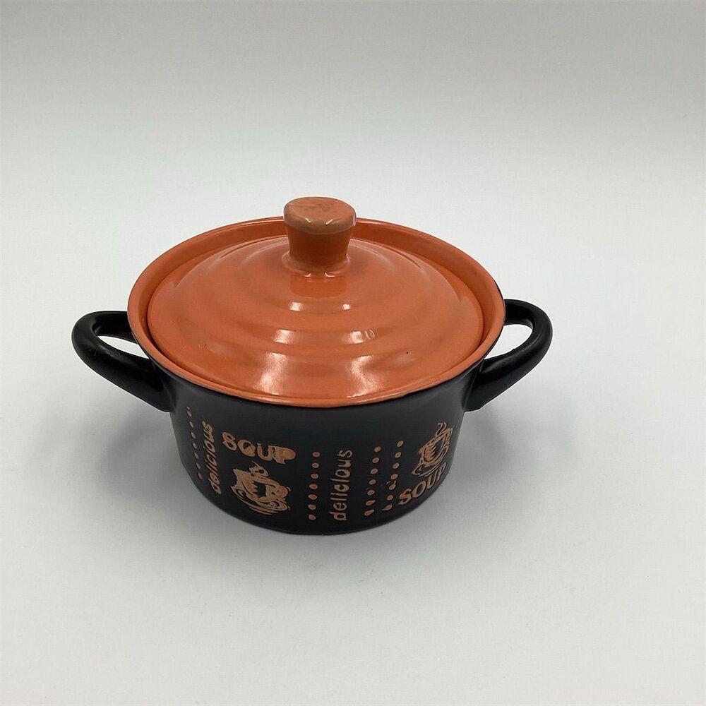 Black & Orange Ceramic Soup Bowl with Lid Round Modern Design
